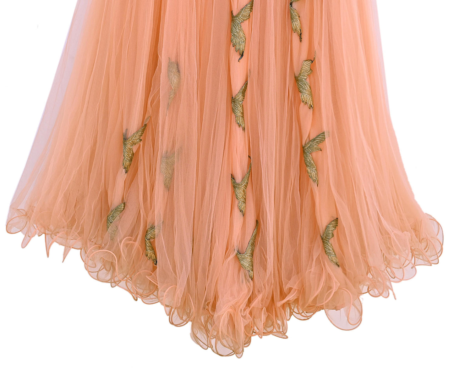 Indian Vintage Peach Net Hand Embroidered Skirt Party Wear Bollywood Lehenga Zari Birds design