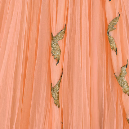 Indian Vintage Peach Net Hand Embroidered Skirt Party Wear Bollywood Lehenga Zari Birds design