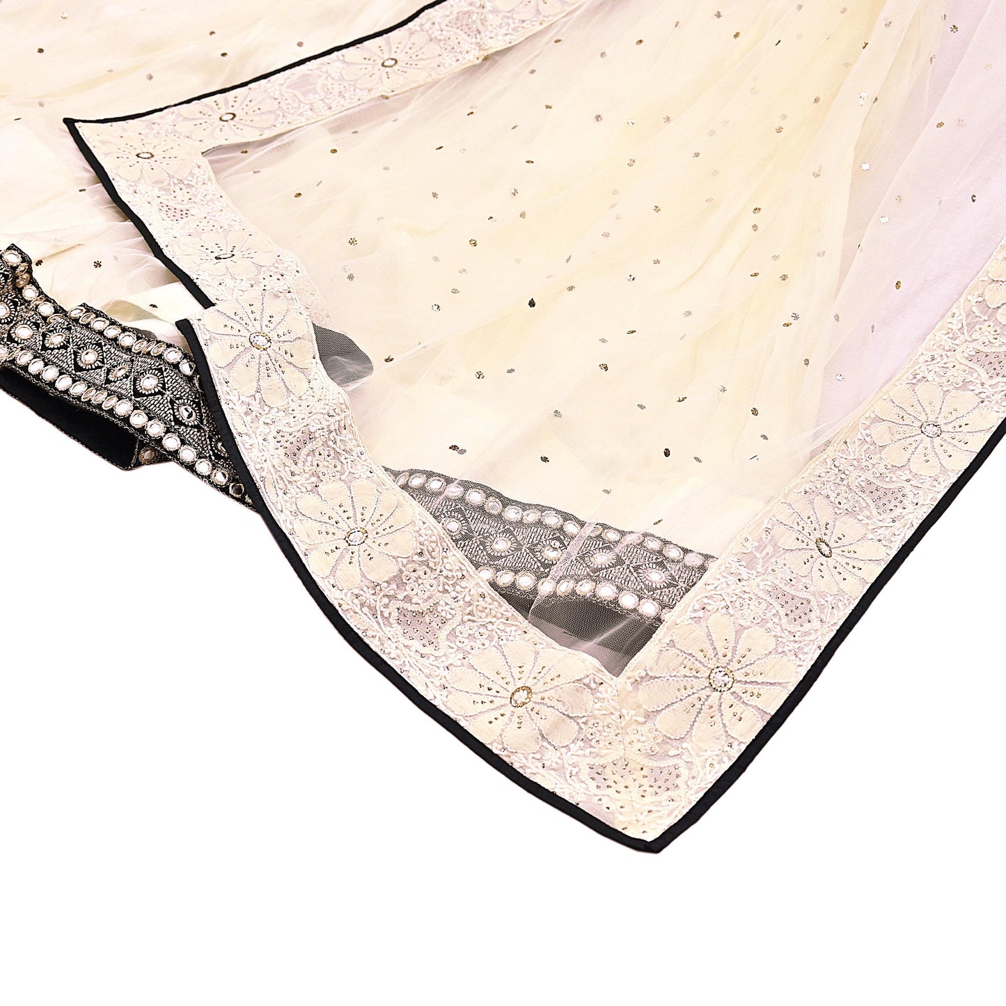 Indian Heavy Ivory Mesh/Net Hand Embroidered Mukesh/ Chikankari Lehenga 2pcs Set By Designer Abu Jani Bridal Wear Bollywood Party wear
