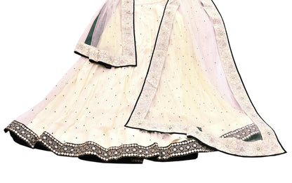 Indian Heavy Ivory Mesh/Net Hand Embroidered Mukesh/ Chikankari Lehenga 2pcs Set By Designer Abu Jani Bridal Wear Bollywood Party wear