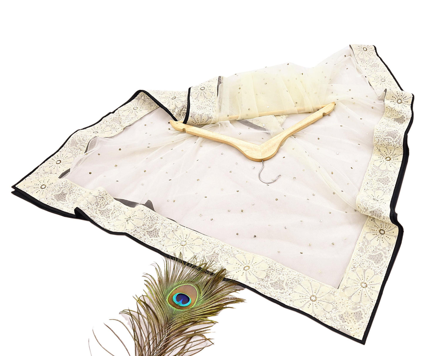 Indian Vintage Ivory Dupatta Net Long Stole Hand Embroidered Chikankari Mukesh Designer Abu Jani Stole Mesh Scarf Scarves