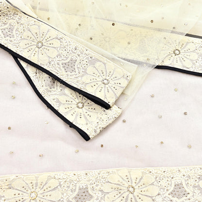 Indian Vintage Ivory Dupatta Net Long Stole Hand Embroidered Chikankari Mukesh Designer Abu Jani Stole Mesh Scarf Scarves