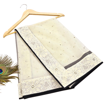 Indian Vintage Ivory Dupatta Net Long Stole Hand Embroidered Chikankari Mukesh Designer Abu Jani Stole Mesh Scarf Scarves