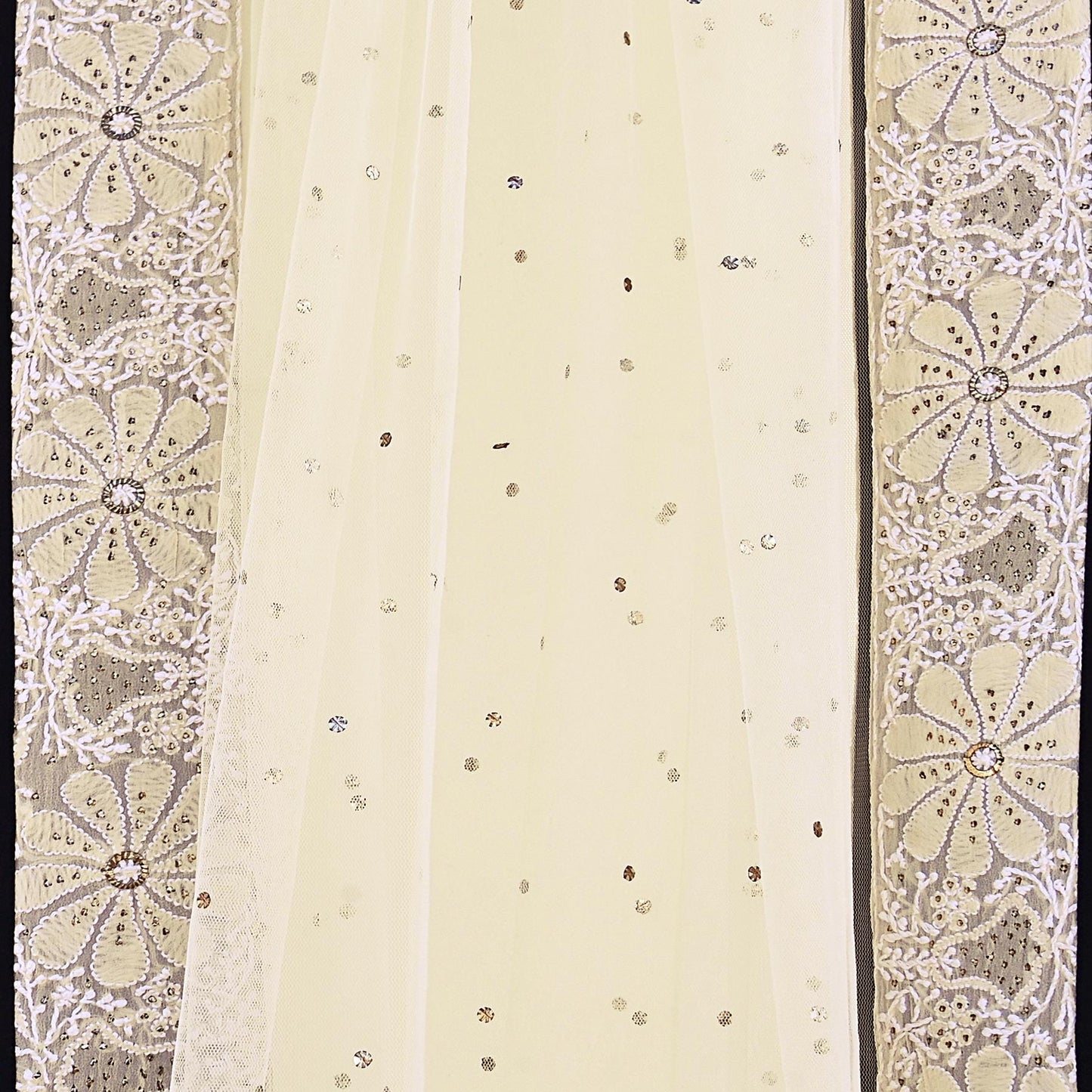Indian Vintage Ivory Dupatta Net Long Stole Hand Embroidered Chikankari Mukesh Designer Abu Jani Stole Mesh Scarf Scarves