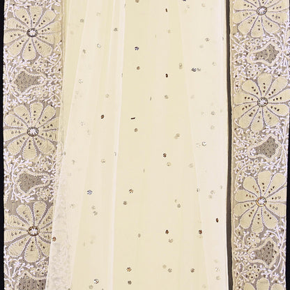 Indian Vintage Ivory Dupatta Net Long Stole Hand Embroidered Chikankari Mukesh Designer Abu Jani Stole Mesh Scarf Scarves