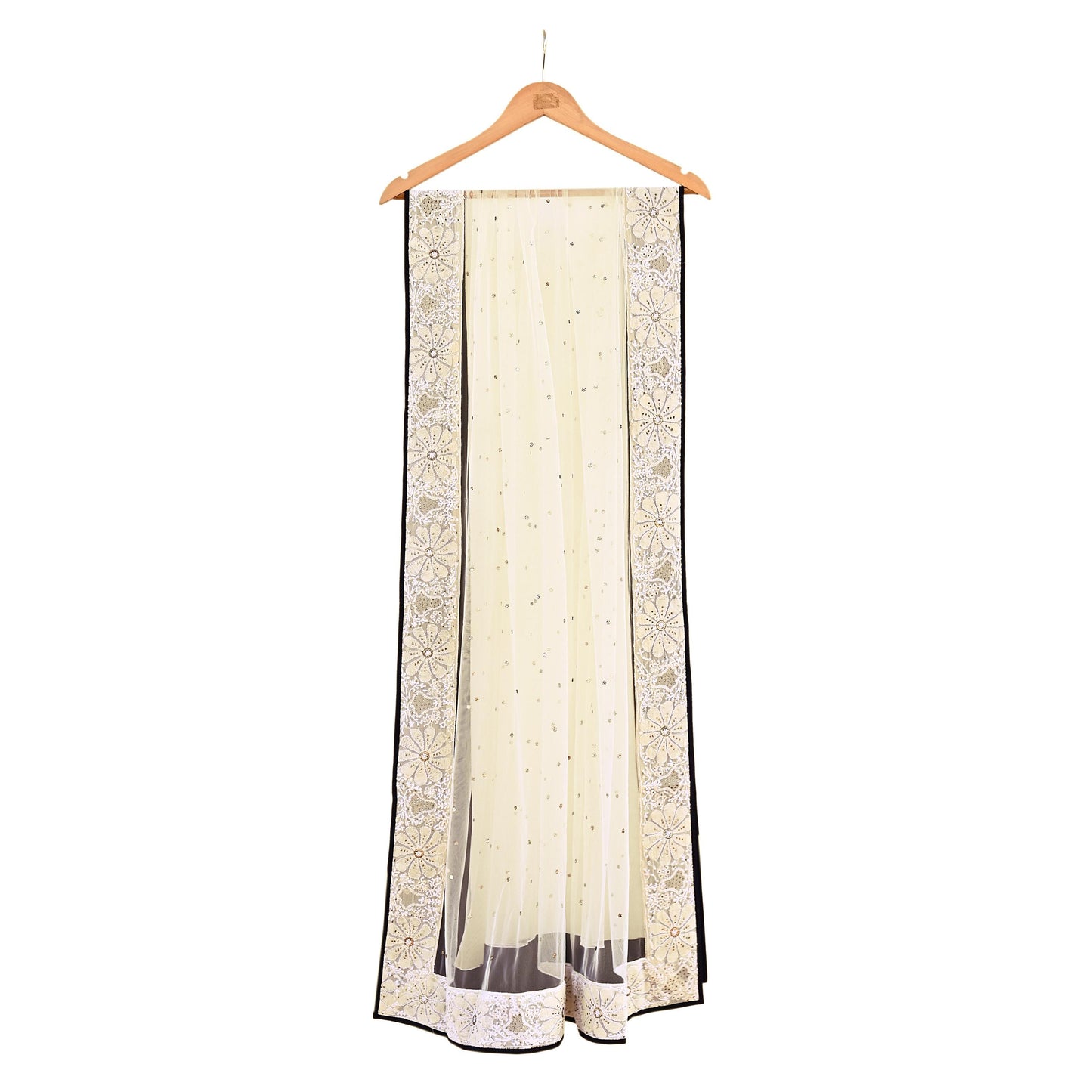 Indian Vintage Ivory Dupatta Net Long Stole Hand Embroidered Chikankari Mukesh Designer Abu Jani Stole Mesh Scarf Scarves