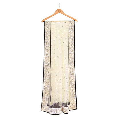Indian Vintage Ivory Dupatta Net Long Stole Hand Embroidered Chikankari Mukesh Designer Abu Jani Stole Mesh Scarf Scarves