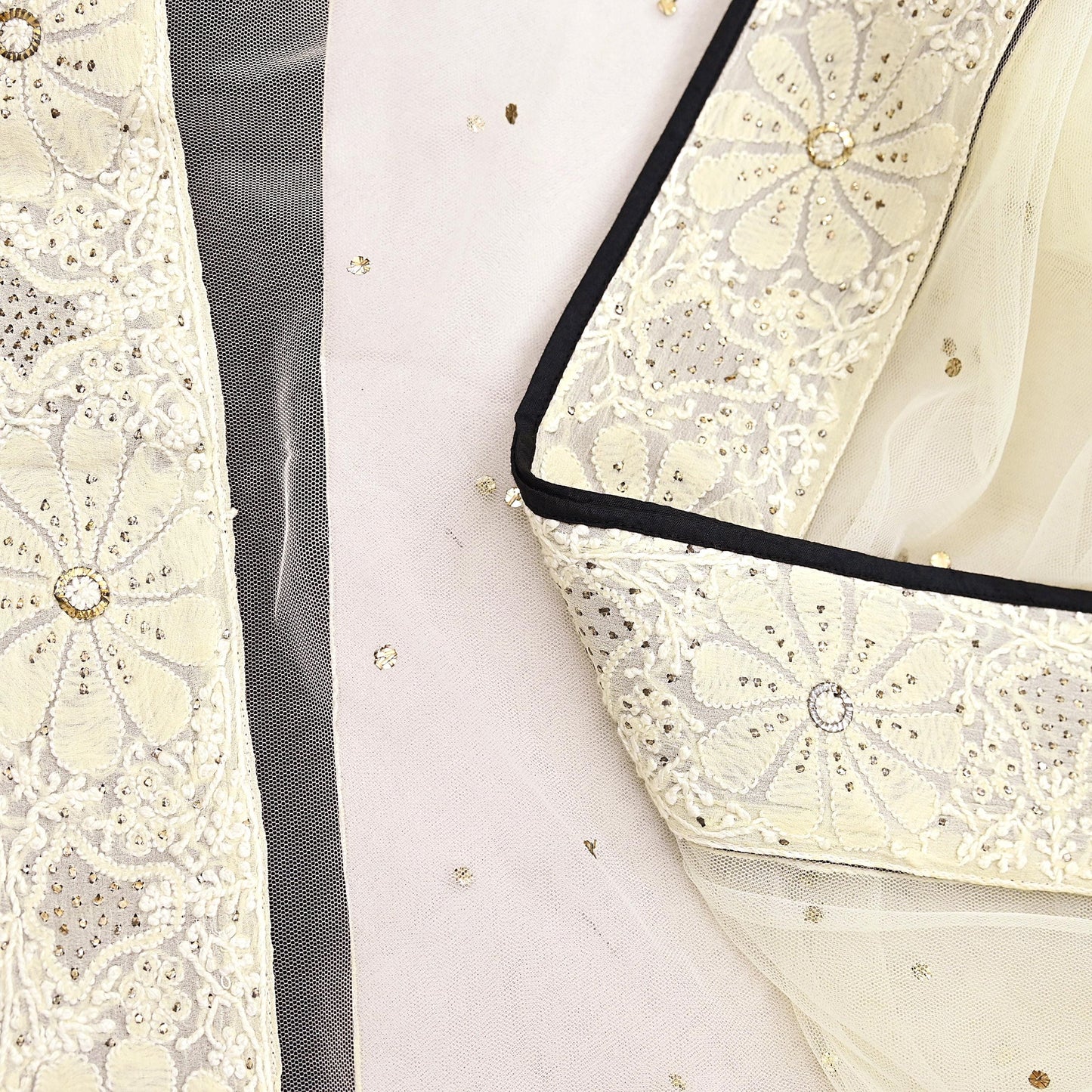 Indian Vintage Ivory Dupatta Net Long Stole Hand Embroidered Chikankari Mukesh Designer Abu Jani Stole Mesh Scarf Scarves