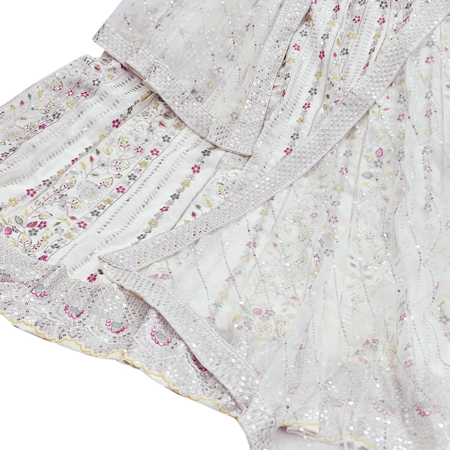 Indian Vintage White Net/ Pure Georgette Hand Embroidered Lehenga 2pcs Set Party Wear With skirt & Dupatta Bollywood Zari