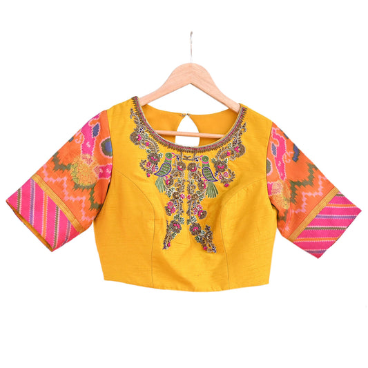 Indian Pre-owned Yellow raw silk Hand Embroidered By Designer manish malhotra Padded Blouse/Top/Crop M Size Party wear Bollywood