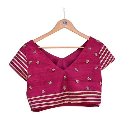 Indian Pre-owned Purple raw silk Hand Embroidered Blouse/Top/Crop M Size Party wear Bollywood