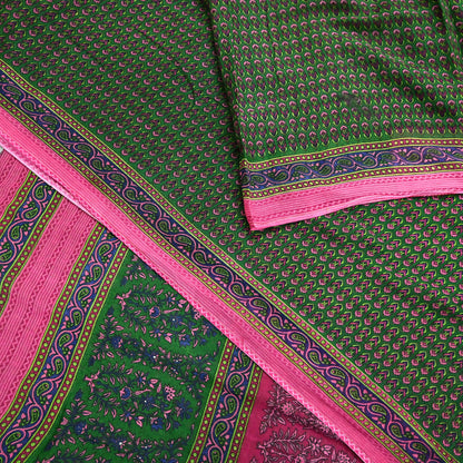 Indian Vintage Sari Green Pure Cotton Printed Sarees Craft Fabric 5Yd Soft Sewing Sarong Wrap Boho Floral Quilting Upcycle Crafting