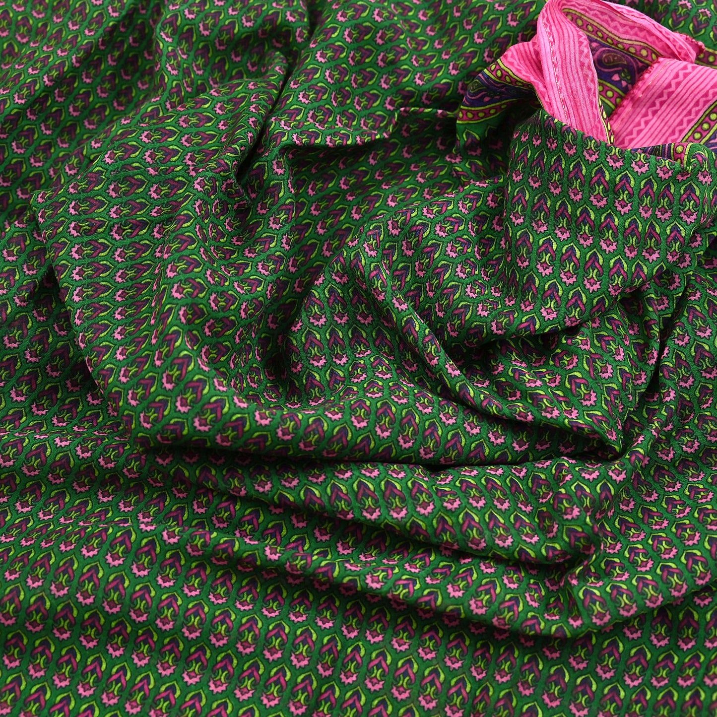 Indian Vintage Sari Green Pure Cotton Printed Sarees Craft Fabric 5Yd Soft Sewing Sarong Wrap Boho Floral Quilting Upcycle Crafting