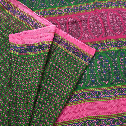 Indian Vintage Sari Green Pure Cotton Printed Sarees Craft Fabric 5Yd Soft Sewing Sarong Wrap Boho Floral Quilting Upcycle Crafting