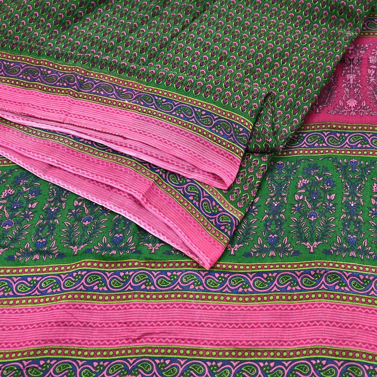 Indian Vintage Sari Green Pure Cotton Printed Sarees Craft Fabric 5Yd Soft Sewing Sarong Wrap Boho Floral Quilting Upcycle Crafting