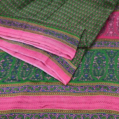 Indian Vintage Sari Green Pure Cotton Printed Sarees Craft Fabric 5Yd Soft Sewing Sarong Wrap Boho Floral Quilting Upcycle Crafting