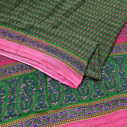 Indian Vintage Sari Green Pure Cotton Printed Sarees Craft Fabric 5Yd Soft Sewing Sarong Wrap Boho Floral Quilting Upcycle Crafting