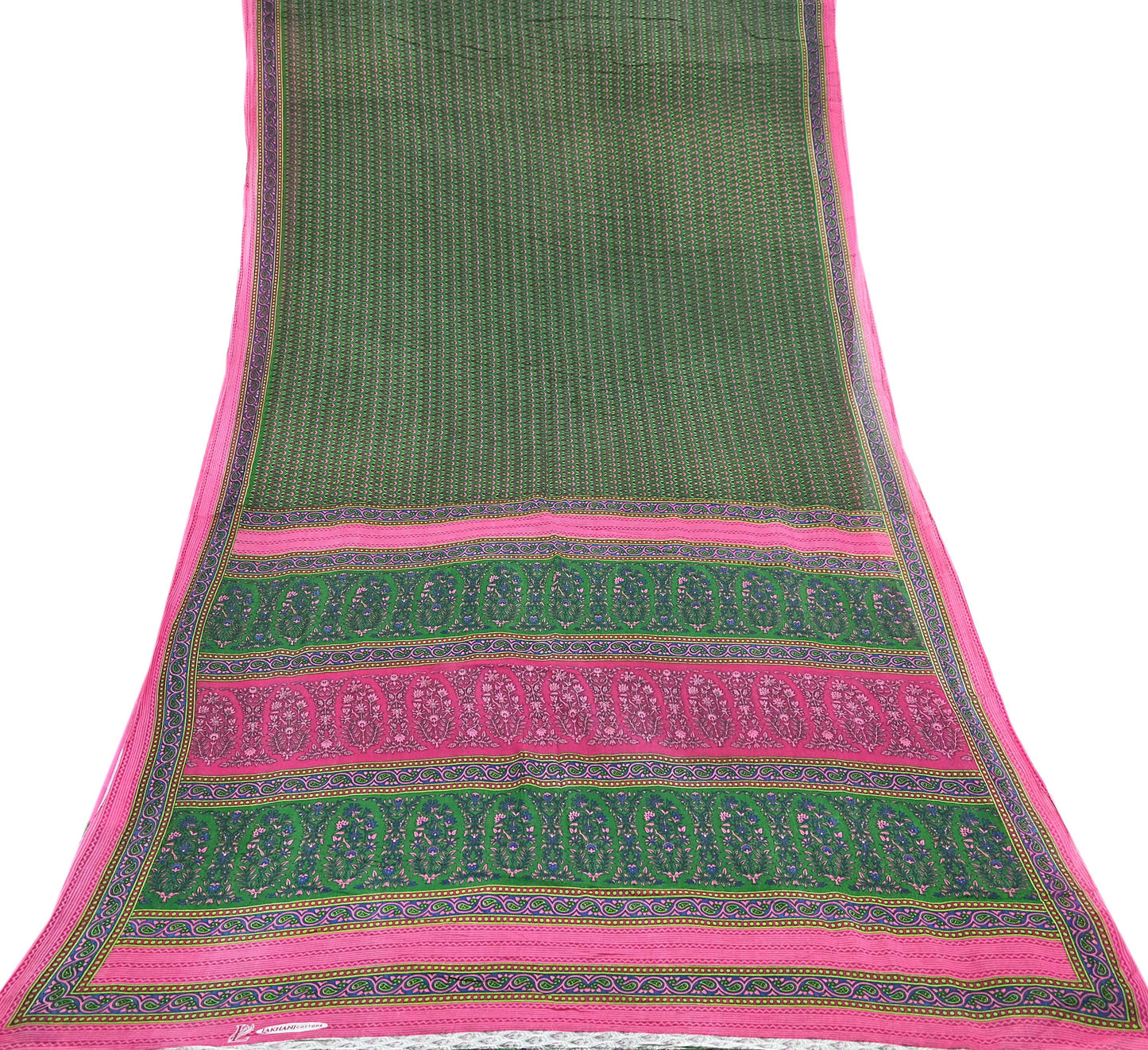 Indian Vintage Sari Green Pure Cotton Printed Sarees Craft Fabric 5Yd Soft Sewing Sarong Wrap Boho Floral Quilting Upcycle Crafting