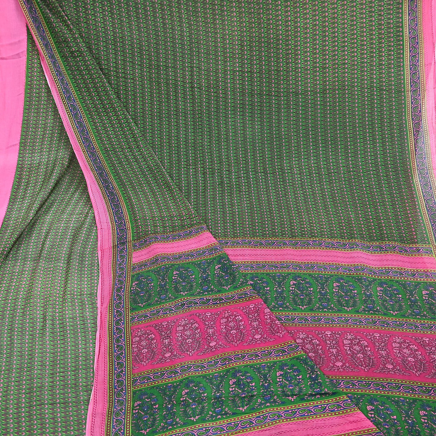 Indian Vintage Sari Green Pure Cotton Printed Sarees Craft Fabric 5Yd Soft Sewing Sarong Wrap Boho Floral Quilting Upcycle Crafting