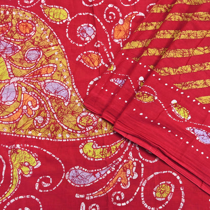 Indian Vintage Sari Red Batik Printed Saree 100% Pure Cotton 5Yd Craft Fabric Soft Sewing Sarong Wrap Boho Quilting Dress Making