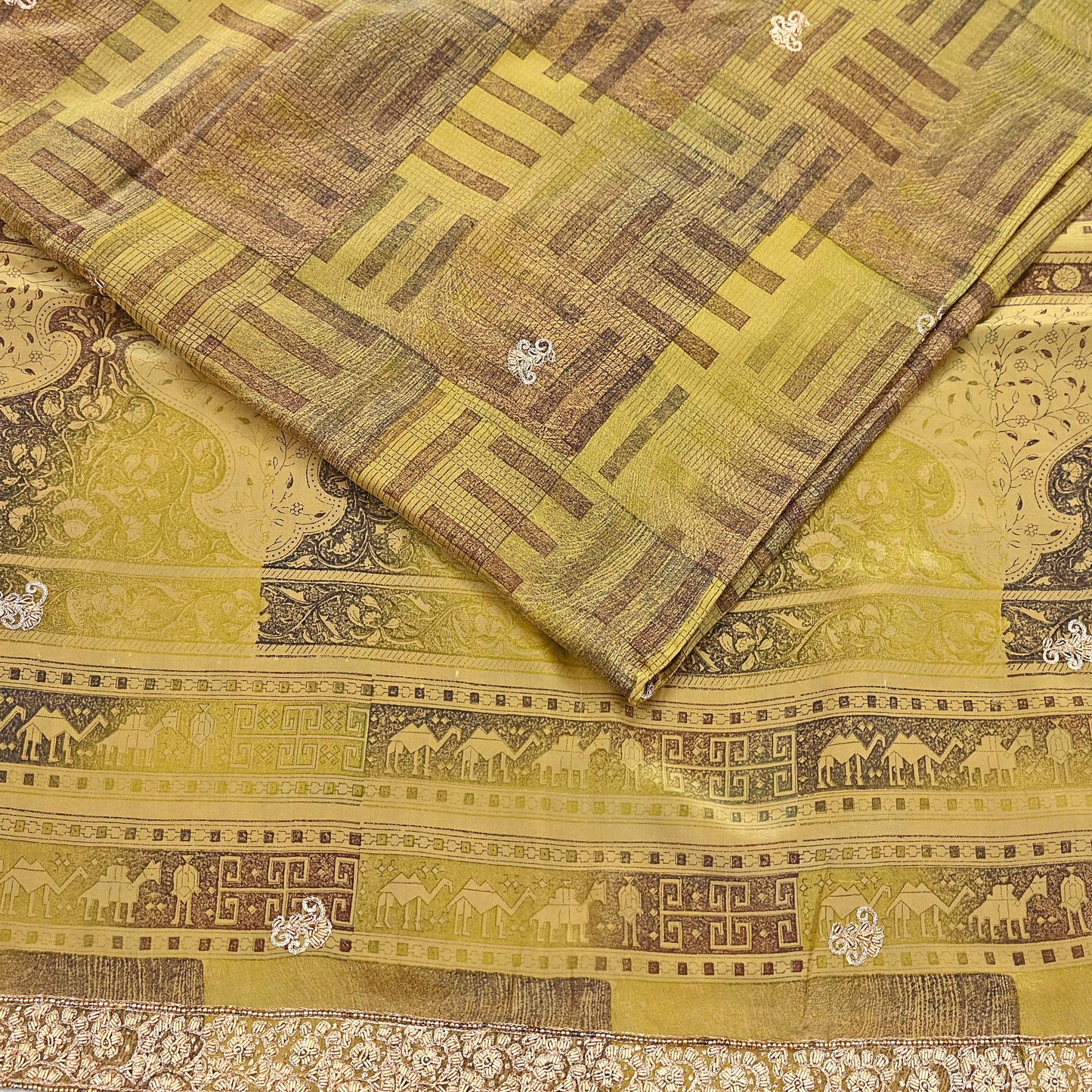 Indian Vintage Saree Green Pure Crepe Silk Hand Embroidered Sari Fabric 5yard Sewing Craft Fabric Ethnic Dressmaking Zardozi Zari