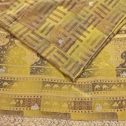 Indian Vintage Saree Green Pure Crepe Silk Hand Embroidered Sari Fabric 5yard Sewing Craft Fabric Ethnic Dressmaking Zardozi Zari