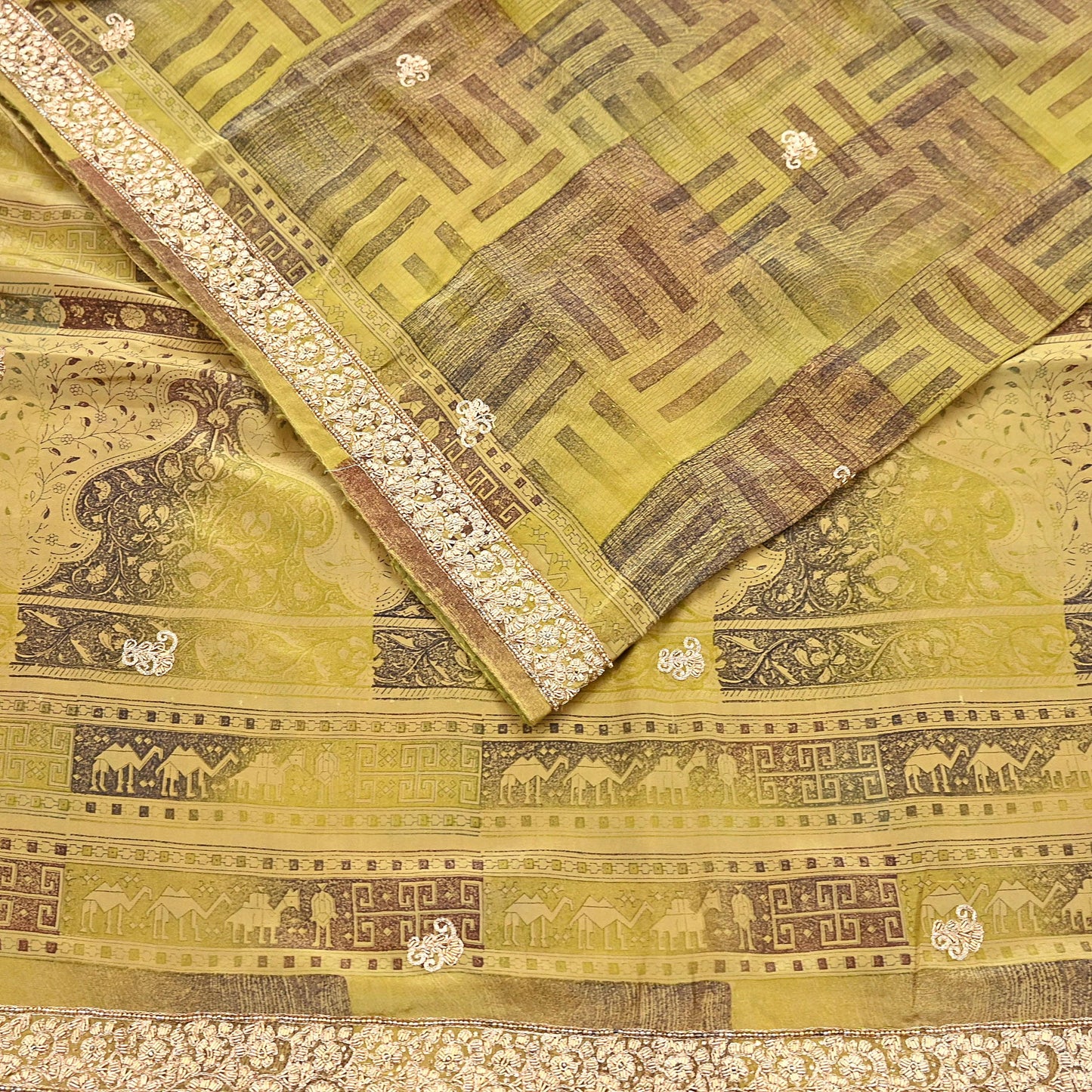 Indian Vintage Saree Green Pure Crepe Silk Hand Embroidered Sari Fabric 5yard Sewing Craft Fabric Ethnic Dressmaking Zardozi Zari