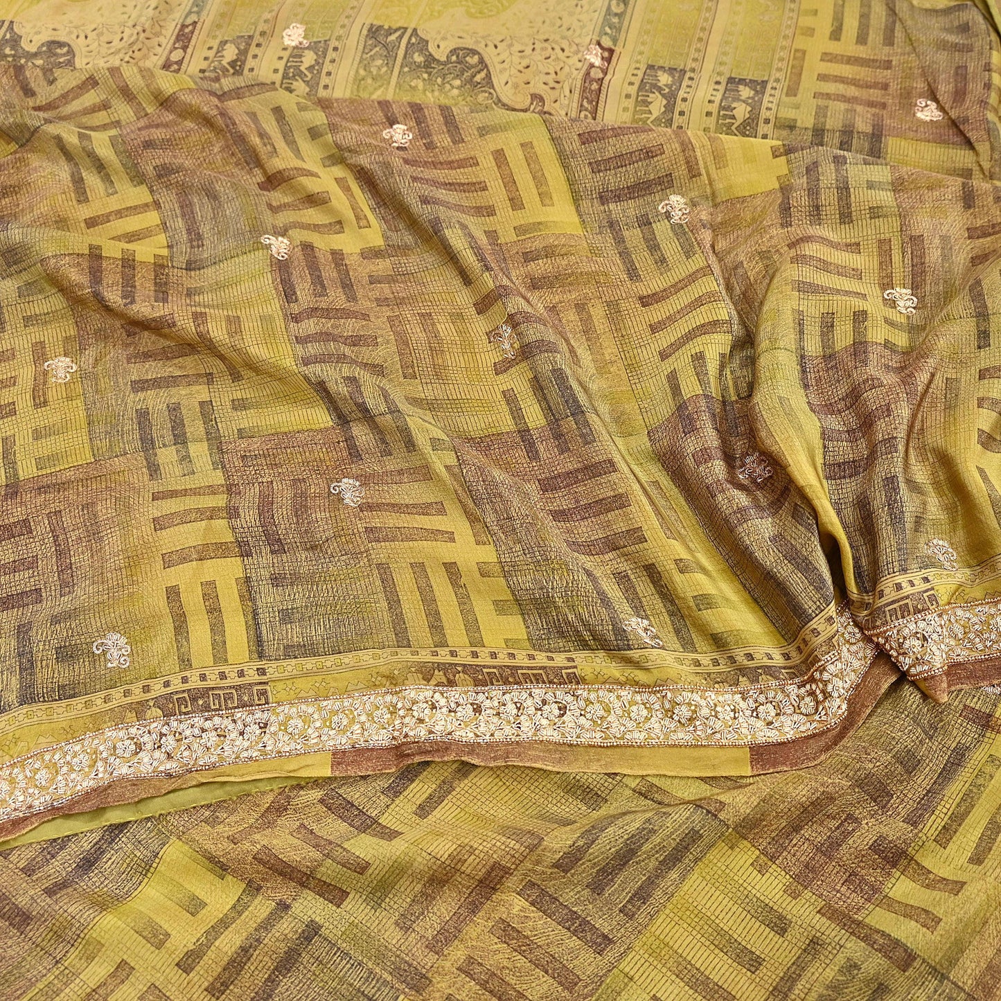 Indian Vintage Saree Green Pure Crepe Silk Hand Embroidered Sari Fabric 5yard Sewing Craft Fabric Ethnic Dressmaking Zardozi Zari