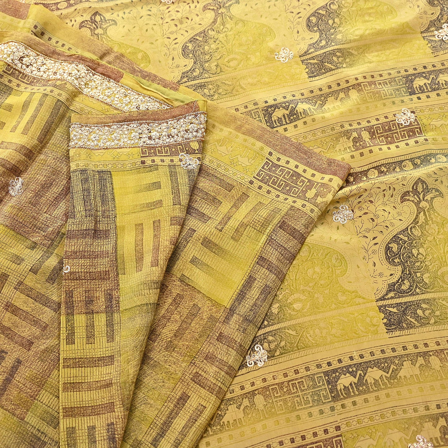 Indian Vintage Saree Green Pure Crepe Silk Hand Embroidered Sari Fabric 5yard Sewing Craft Fabric Ethnic Dressmaking Zardozi Zari