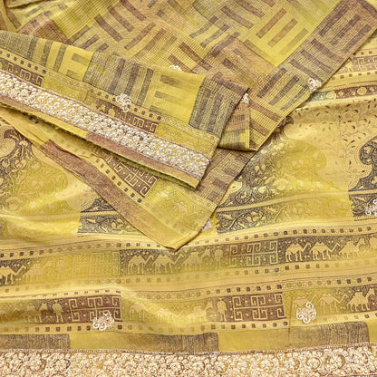 Indian Vintage Saree Green Pure Crepe Silk Hand Embroidered Sari Fabric 5yard Sewing Craft Fabric Ethnic Dressmaking Zardozi Zari