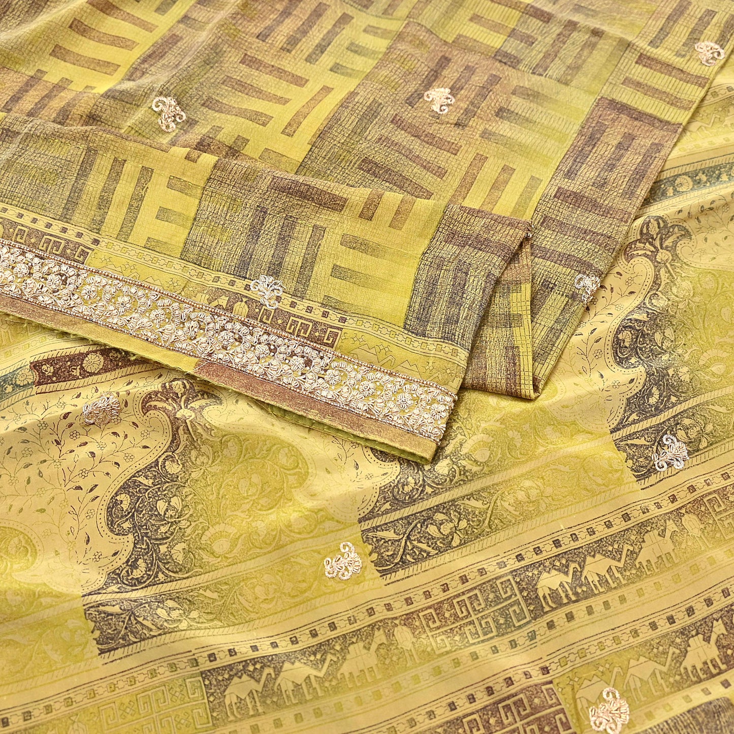 Indian Vintage Saree Green Pure Crepe Silk Hand Embroidered Sari Fabric 5yard Sewing Craft Fabric Ethnic Dressmaking Zardozi Zari