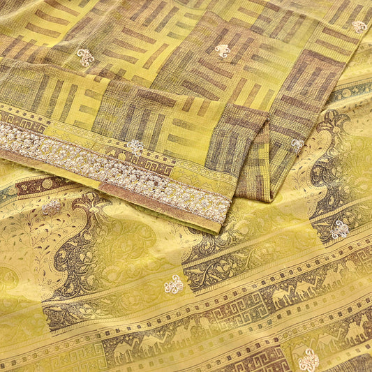 Indian Vintage Saree Green Pure Crepe Silk Hand Embroidered Sari Fabric 5yard Sewing Craft Fabric Ethnic Dressmaking Zardozi Zari