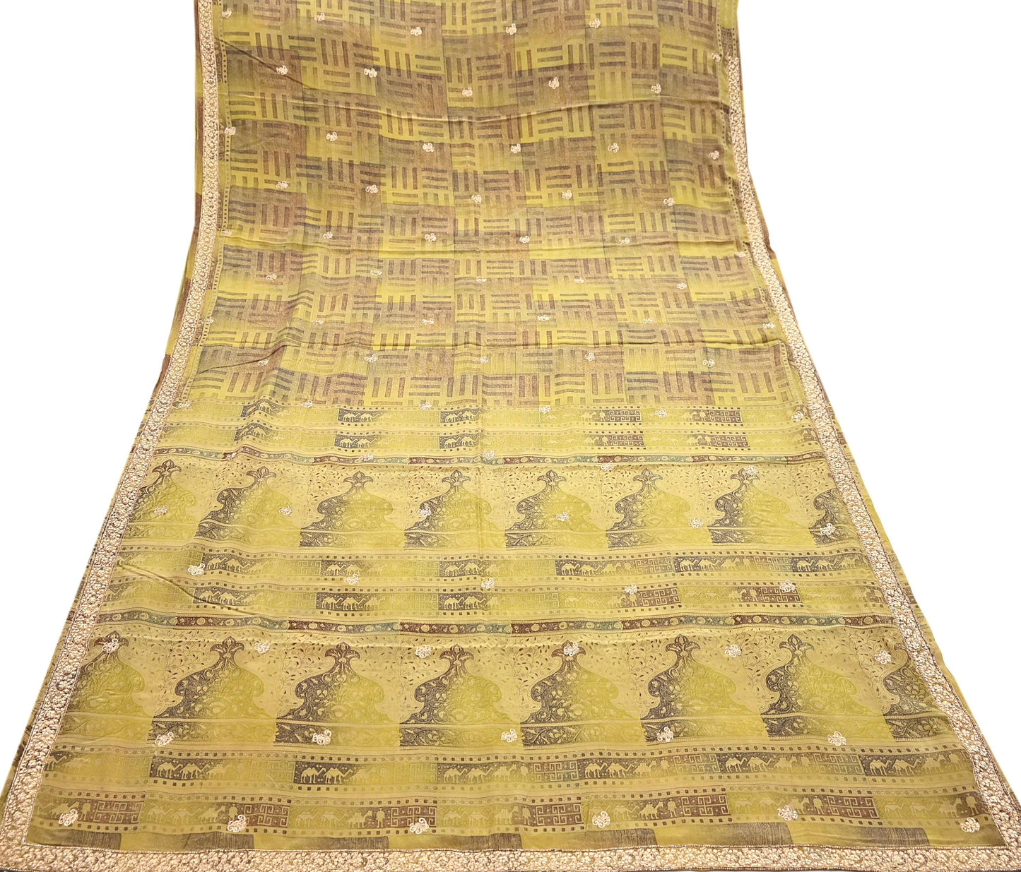 Indian Vintage Saree Green Pure Crepe Silk Hand Embroidered Sari Fabric 5yard Sewing Craft Fabric Ethnic Dressmaking Zardozi Zari