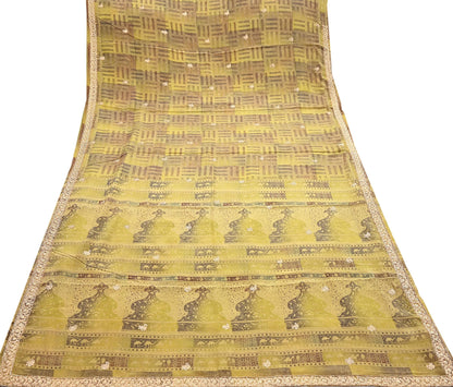 Indian Vintage Saree Green Pure Crepe Silk Hand Embroidered Sari Fabric 5yard Sewing Craft Fabric Ethnic Dressmaking Zardozi Zari