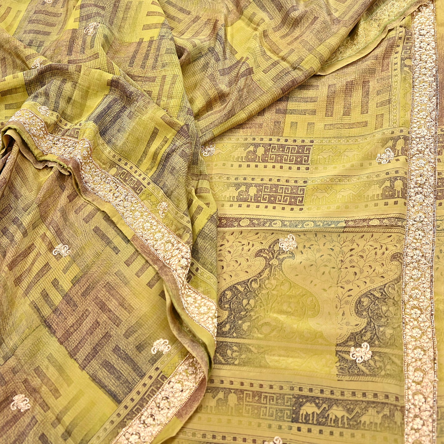 Indian Vintage Saree Green Pure Crepe Silk Hand Embroidered Sari Fabric 5yard Sewing Craft Fabric Ethnic Dressmaking Zardozi Zari
