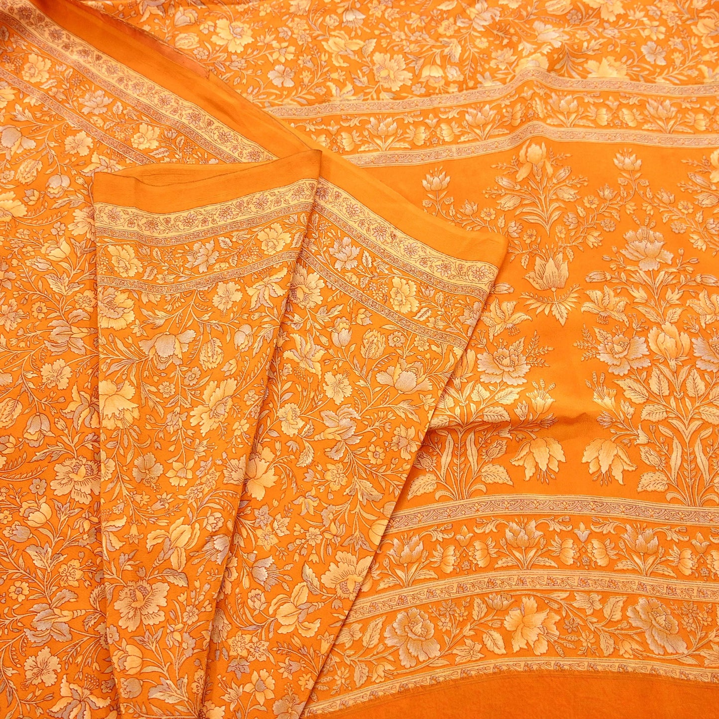 Indian Vintage Sari Orange Pure Crepe Silk Printed Saree 5yard Sewing Quilting Floral Soft Craft Fabric Wrap
