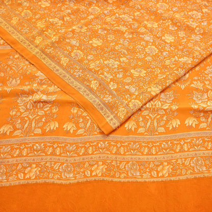 Indian Vintage Sari Orange Pure Crepe Silk Printed Saree 5yard Sewing Quilting Floral Soft Craft Fabric Wrap