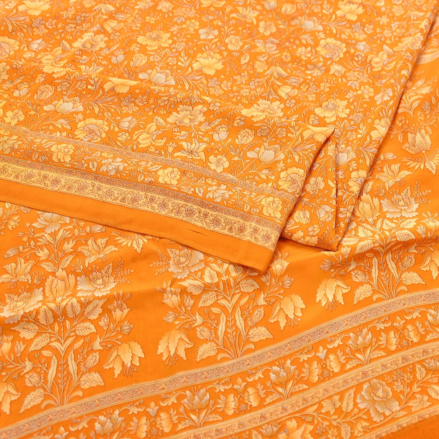 Indian Vintage Sari Orange Pure Crepe Silk Printed Saree 5yard Sewing Quilting Floral Soft Craft Fabric Wrap