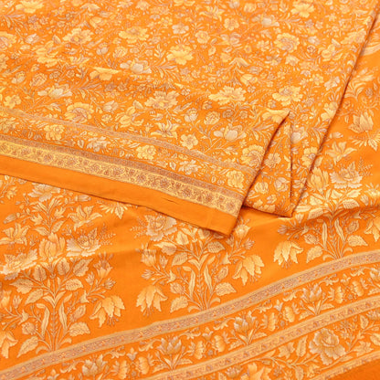 Indian Vintage Sari Orange Pure Crepe Silk Printed Saree 5yard Sewing Quilting Floral Soft Craft Fabric Wrap