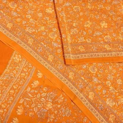 Indian Vintage Sari Orange Pure Crepe Silk Printed Saree 5yard Sewing Quilting Floral Soft Craft Fabric Wrap