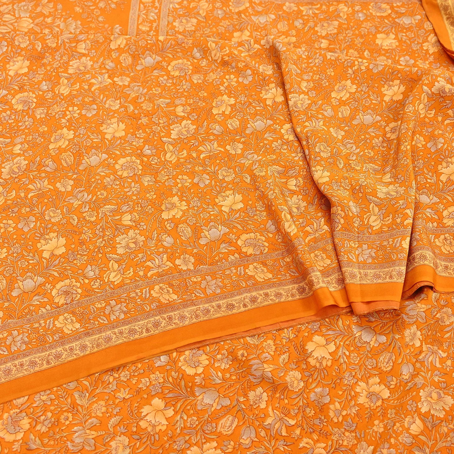 Indian Vintage Sari Orange Pure Crepe Silk Printed Saree 5yard Sewing Quilting Floral Soft Craft Fabric Wrap