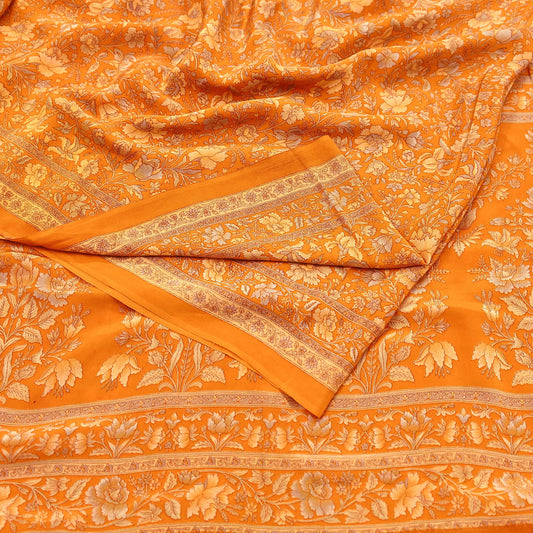 Indian Vintage Sari Orange Pure Crepe Silk Printed Saree 5yard Sewing Quilting Floral Soft Craft Fabric Wrap