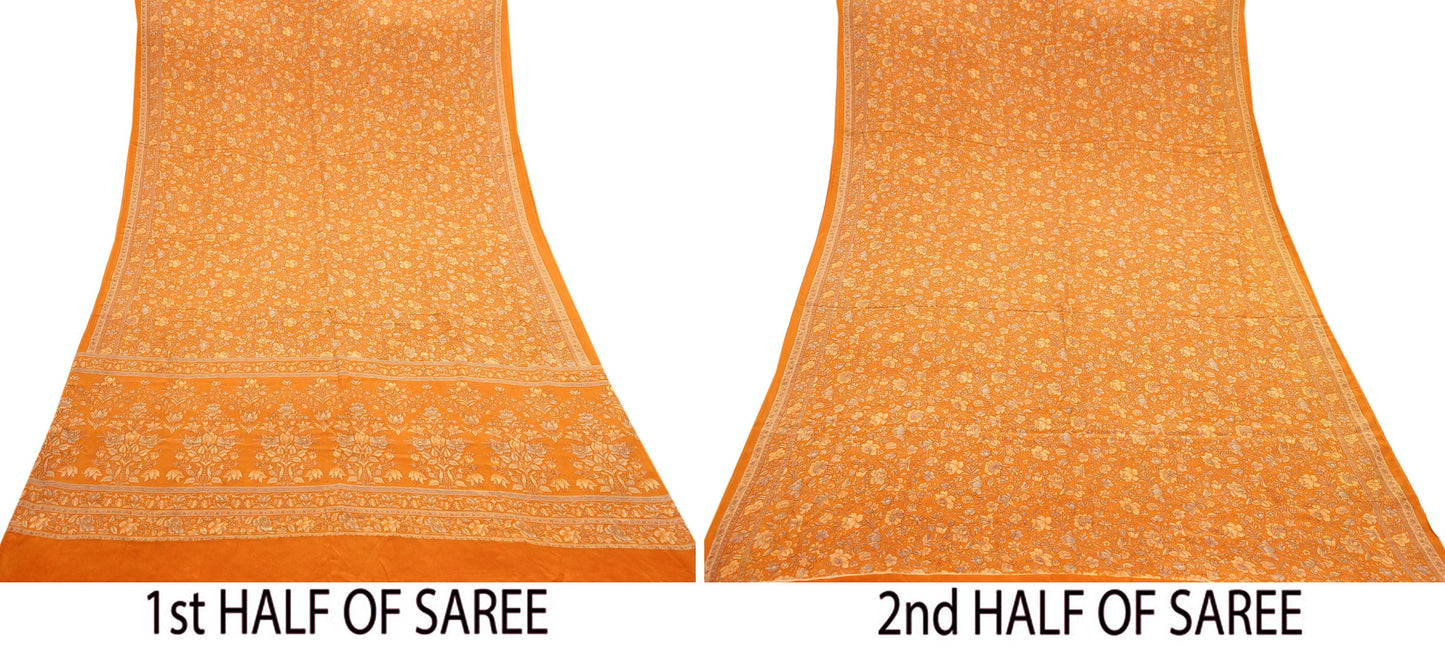 Indian Vintage Sari Orange Pure Crepe Silk Printed Saree 5yard Sewing Quilting Floral Soft Craft Fabric Wrap