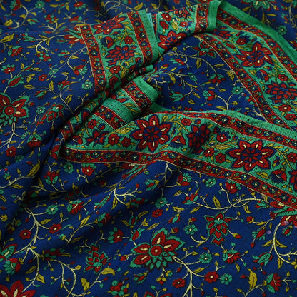 Indian Vintage Sari Blue & Green Pure Crepe Silk Printed Saree 5yard Sewing Quilting Floral Soft Craft Fabric Wrap