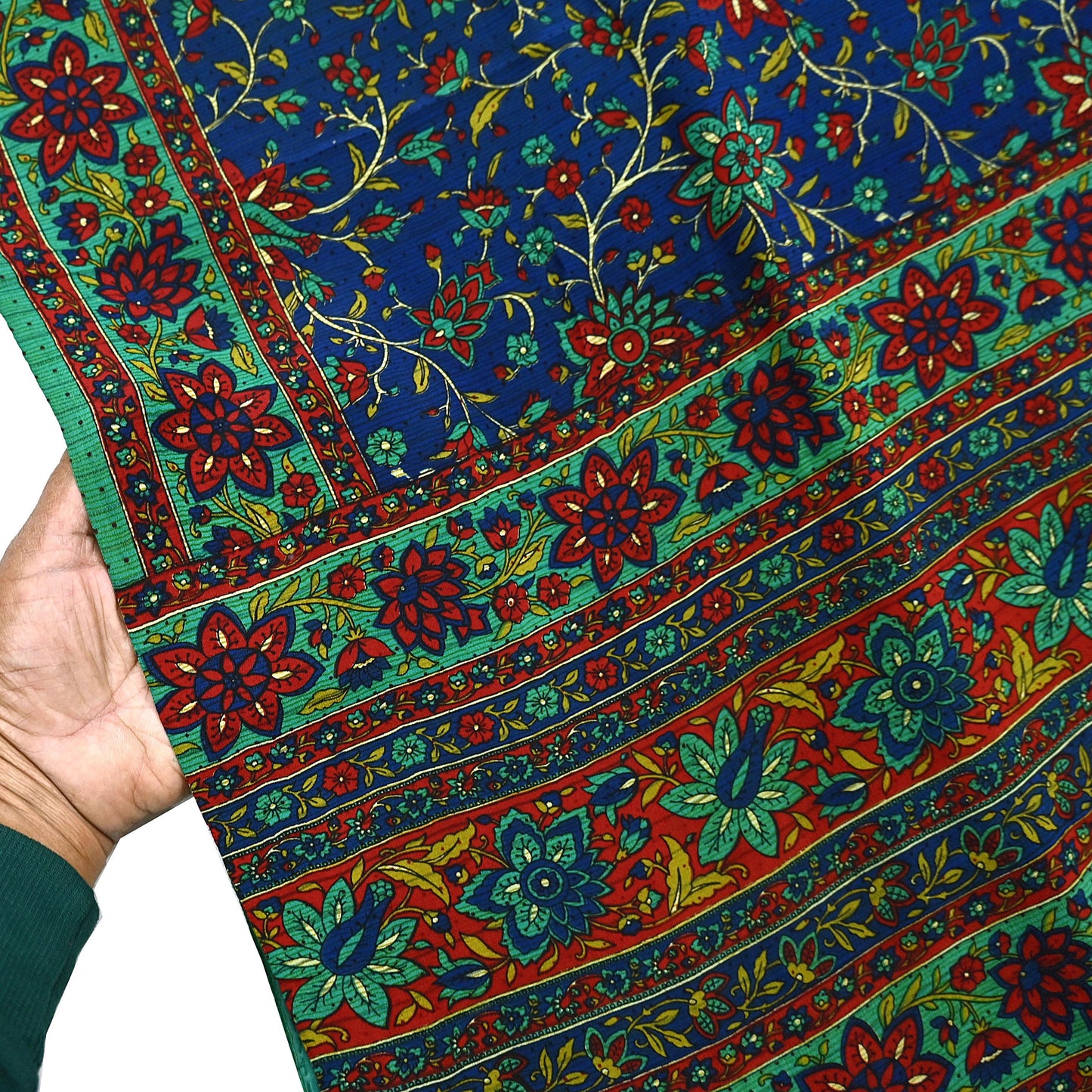 Indian Vintage Sari Blue & Green Pure Crepe Silk Printed Saree 5yard Sewing Quilting Floral Soft Craft Fabric Wrap