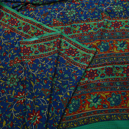 Indian Vintage Sari Blue & Green Pure Crepe Silk Printed Saree 5yard Sewing Quilting Floral Soft Craft Fabric Wrap