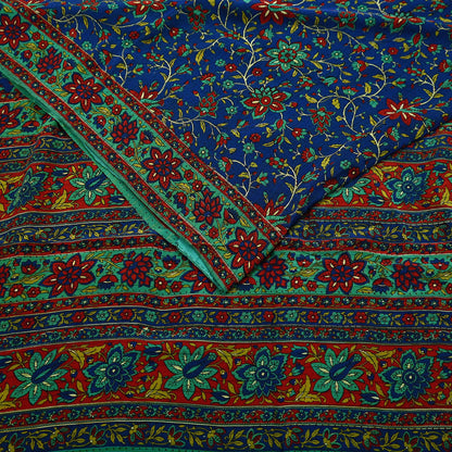 Indian Vintage Sari Blue & Green Pure Crepe Silk Printed Saree 5yard Sewing Quilting Floral Soft Craft Fabric Wrap