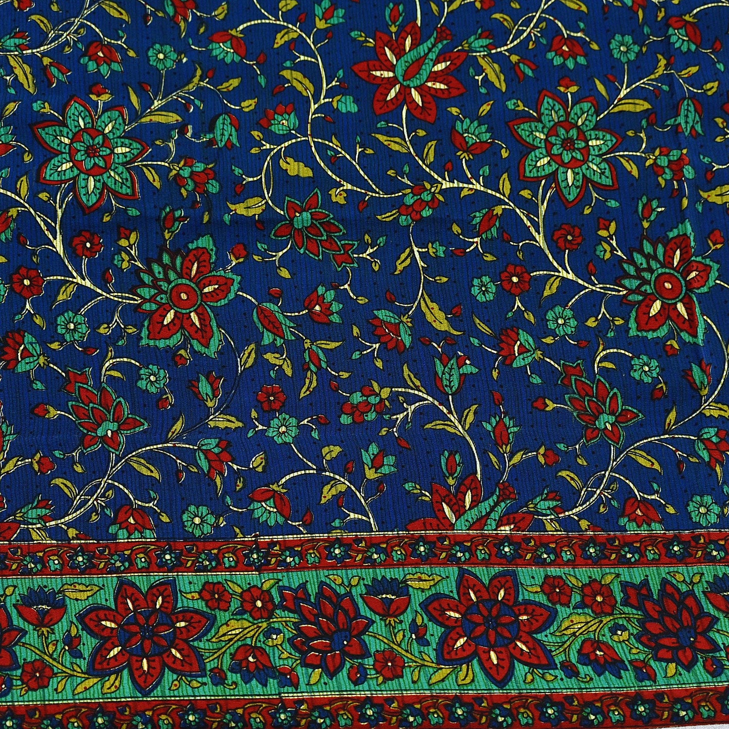 Indian Vintage Sari Blue & Green Pure Crepe Silk Printed Saree 5yard Sewing Quilting Floral Soft Craft Fabric Wrap
