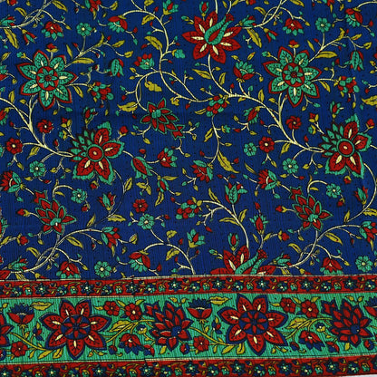 Indian Vintage Sari Blue & Green Pure Crepe Silk Printed Saree 5yard Sewing Quilting Floral Soft Craft Fabric Wrap