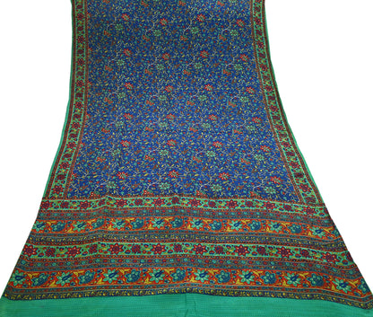 Indian Vintage Sari Blue & Green Pure Crepe Silk Printed Saree 5yard Sewing Quilting Floral Soft Craft Fabric Wrap